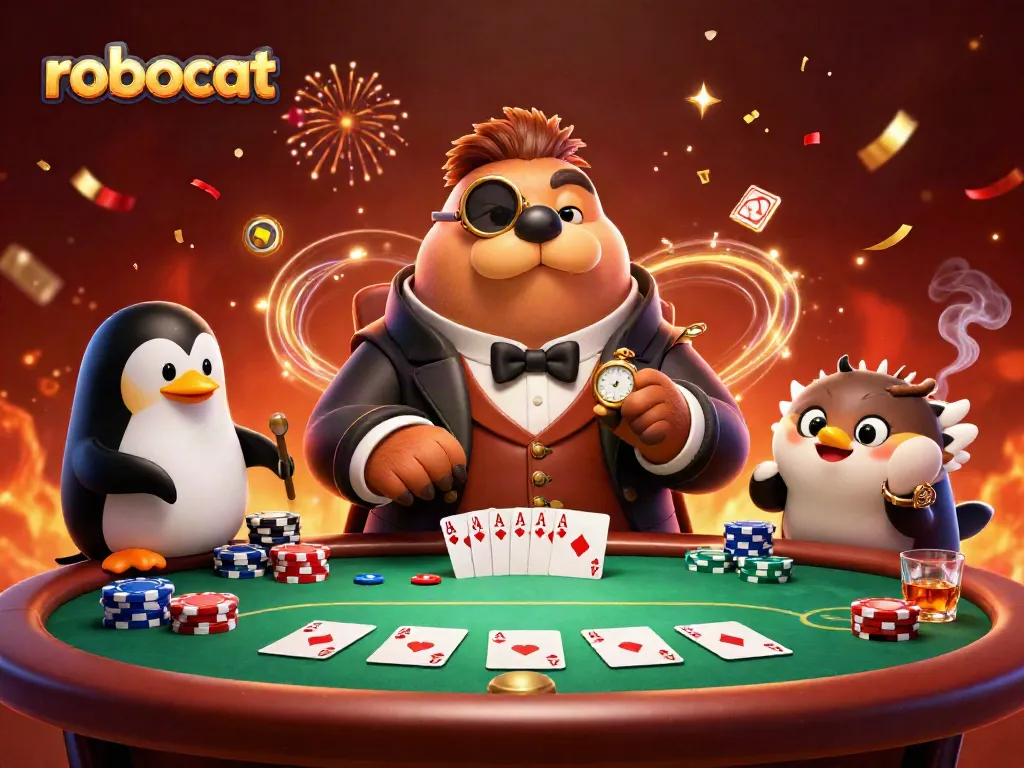 Engage with robocat gaming at a vibrant underwater poker scene featuring wealthy walrus and dealer.