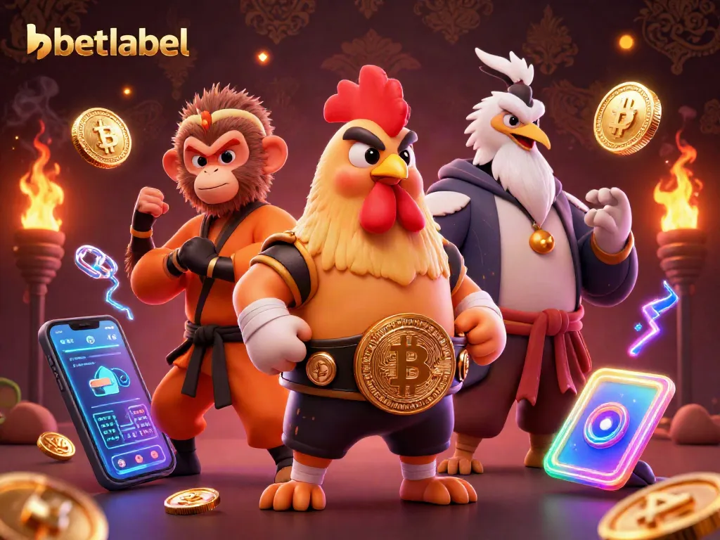 Engage with betlabel’s vibrant illustration featuring cartoon rooster and monkey around crypto coins.