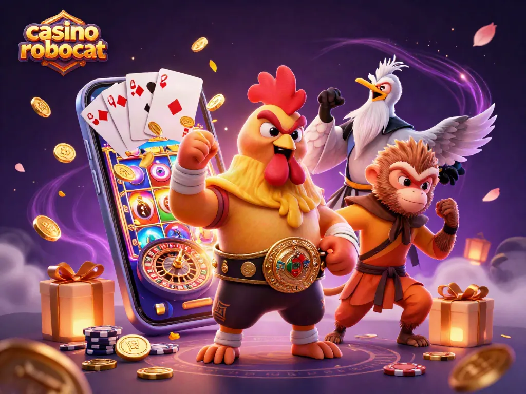 Play colorful slot games at casino robocat with a fierce rooster, martial artist monkey, and wise crane.