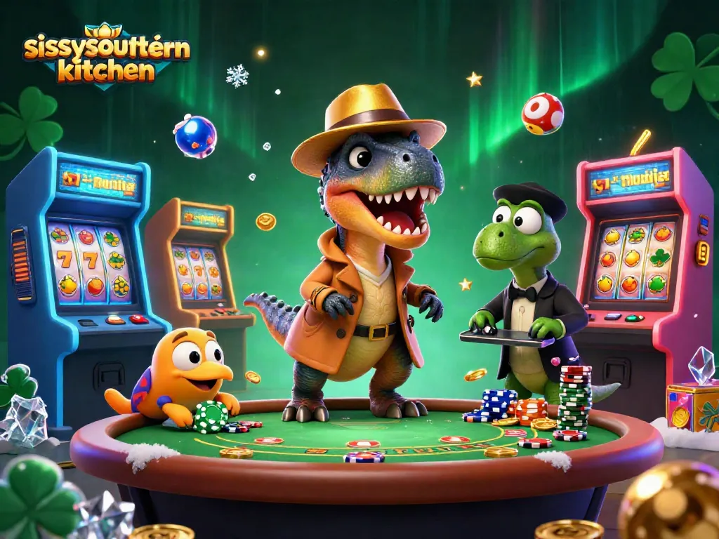 Sissyssouthernkitchen enhances gambling strategies with a dynamic scene featuring cartoon dinosaurs engaging at a blackjack table.