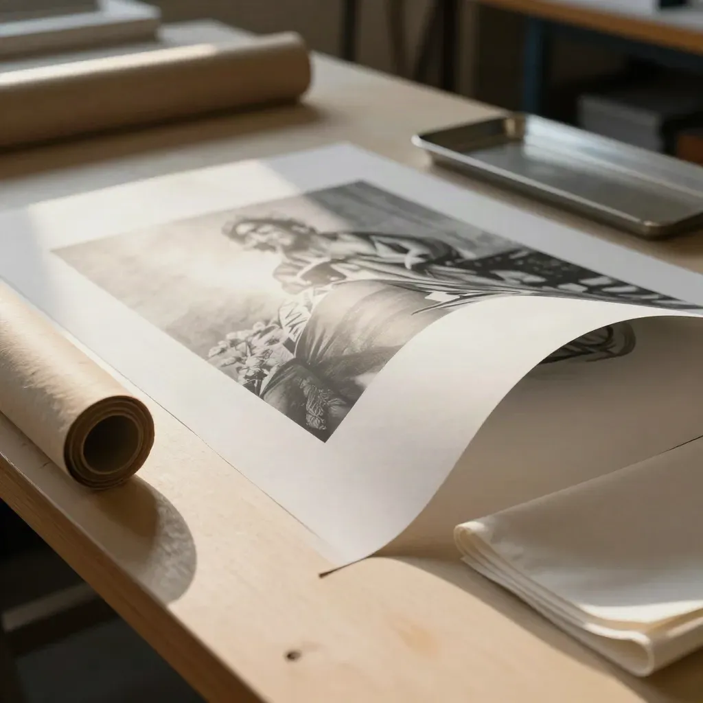 Impresión digital de gran formato medio salida del secadero junto a rollos de papel y una bandeja metálica