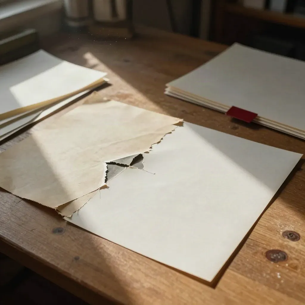 Fotografía rota y copia restaurada sobre mesa de restauración con fundas y papel de seda.