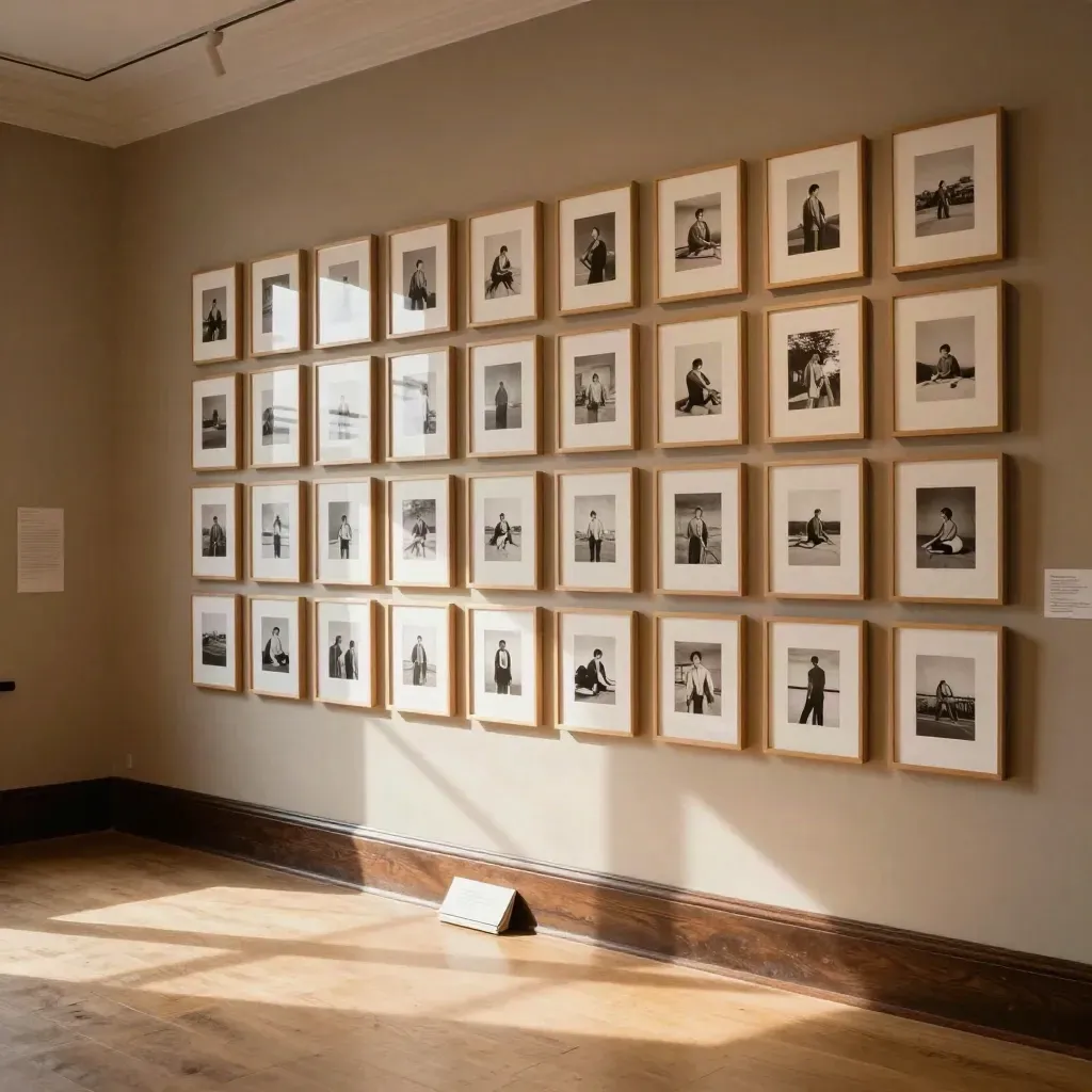 Pared de galería con 48 copias enmarcadas, luz cálida y polvo en el aire.