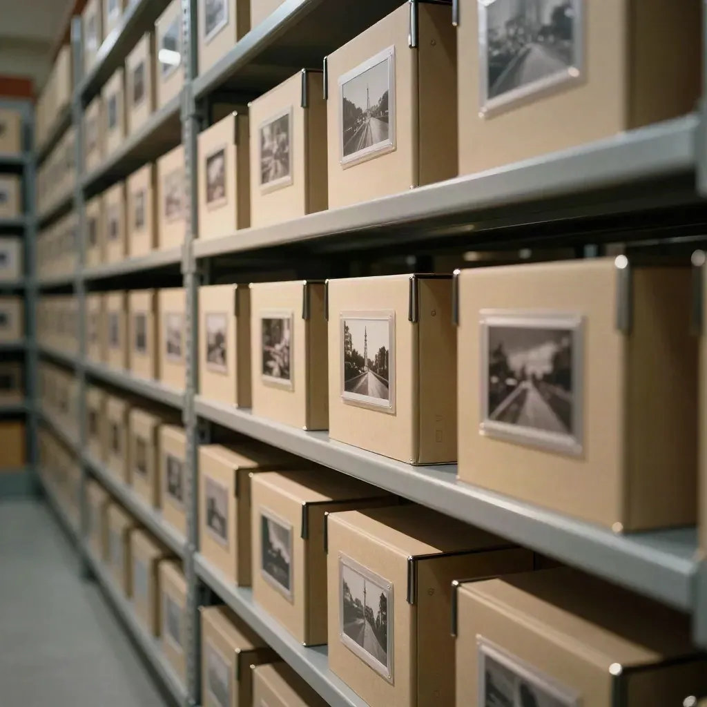 Pasillo de archivo con cajas, fotos en fundas y separadores, luz dramática y orden impecable.