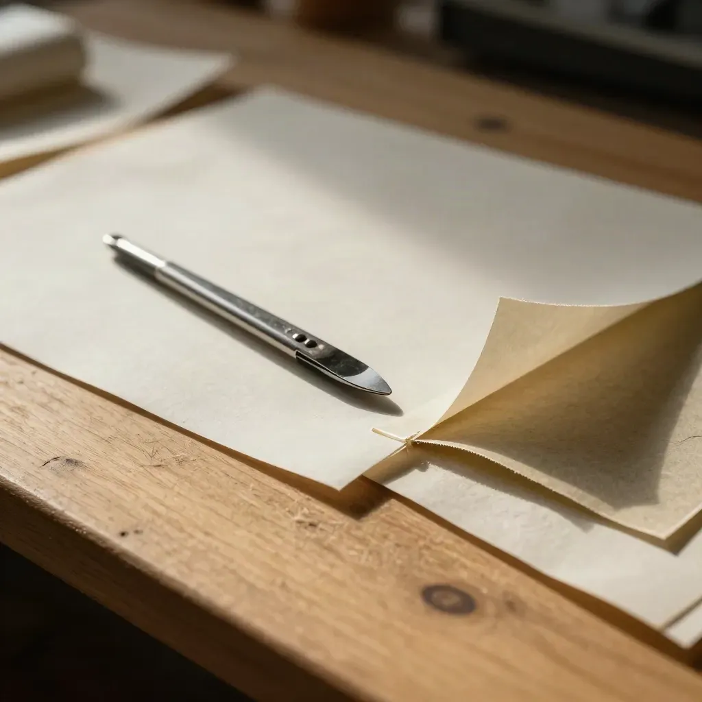 Escena macro de restauración con bisturí, papel japonés y una copia reparada.