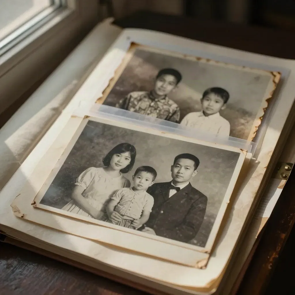 Álbum abierto con una foto familiar restaurada junto a la original dañada, luz cálida cenital.