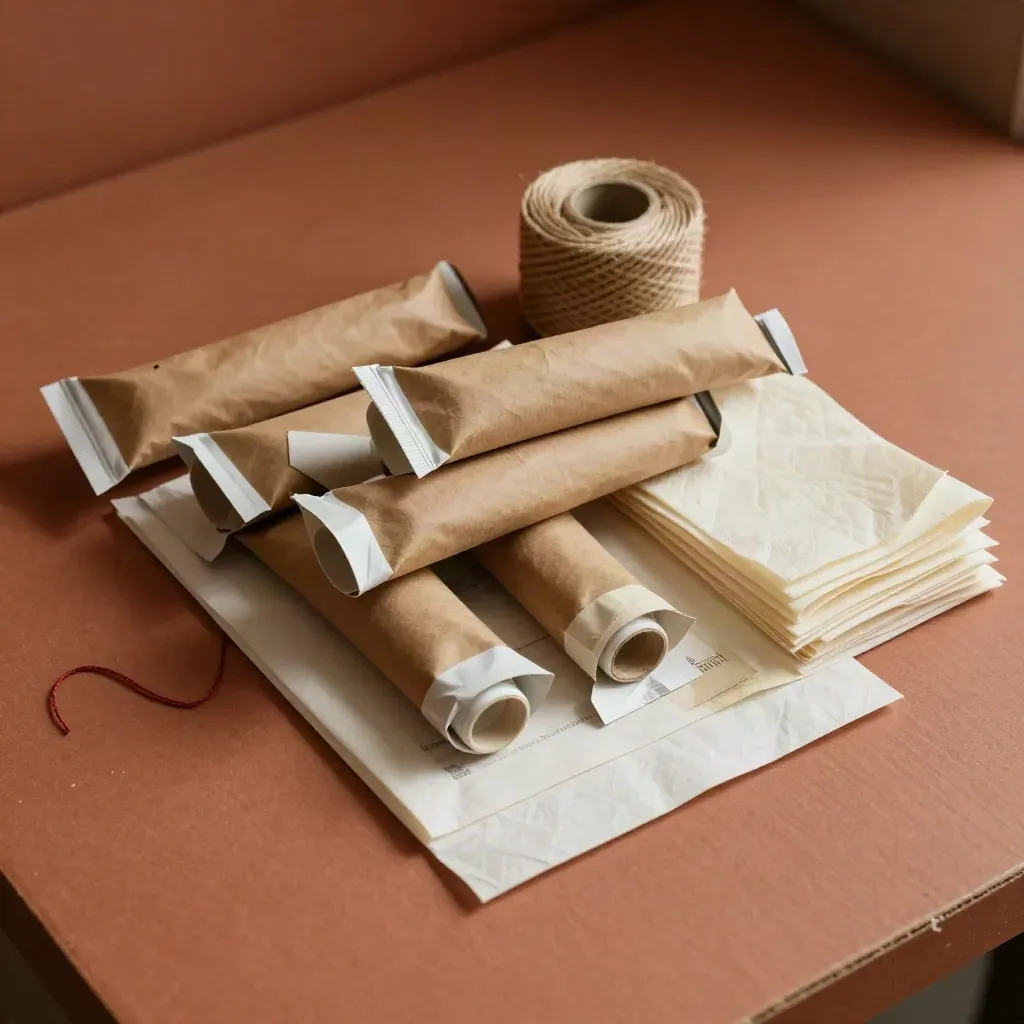 Vista cenital de tubos de envío, esquineras, cordel y tissue sobre una mesa de embalaje.