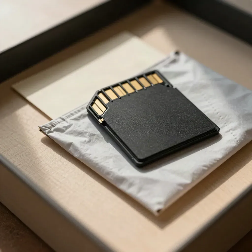 Tarjeta de memoria, SSD y sobre rígido acolchado en una bandeja de entrada sobre madera clara.