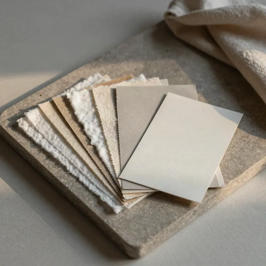 Muestras de papel y tiras de color sobre una bandeja de piedra, con tela neutra y luz suave.