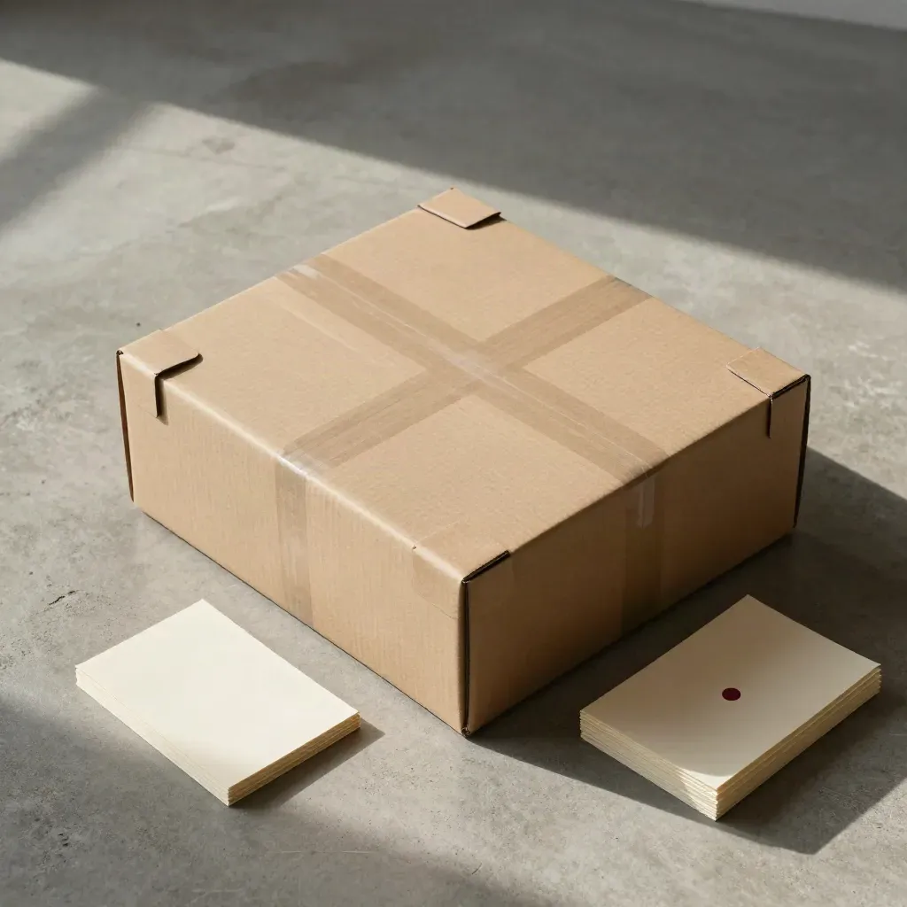 Caja de envío para obra artística con esquineras y papel seda sobre hormigón.