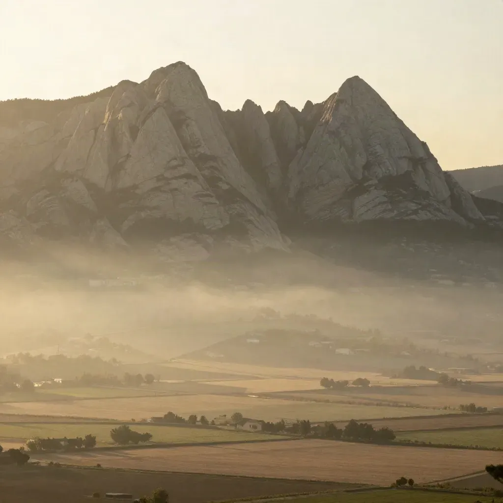 Montserrat sobre la llanura catalana, con niebla dorada y gran espacio vacío para texto