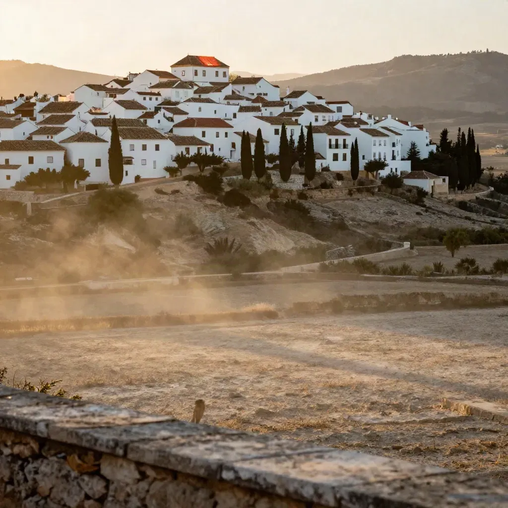 Pueblo blanco andaluz en ladera con cipreses y sierra al atardecer, con calima dorada.