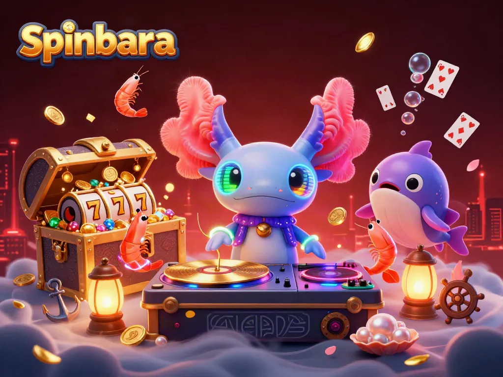 Experience the vibrant world of spinbara with a lively casino scene featuring an axolotl DJ and dynamic underwater characters.
